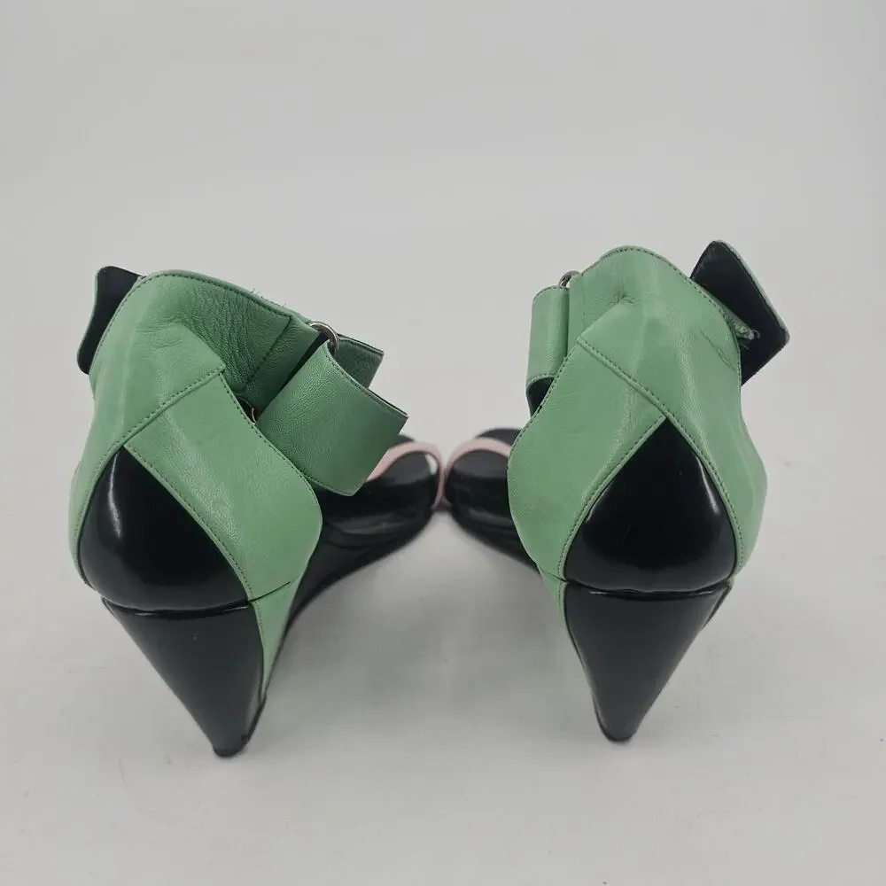 Pierre Hardy Leather Colorblock Wedge Sandal Shoe Green Pink Black EU 40 US 9.5